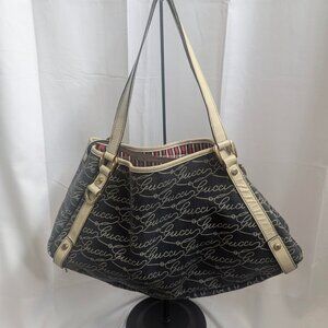 Gucci Script Logo Black Canvas Calfskin Hobo Shoulder Bag